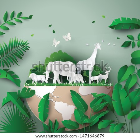 World Wildlife Day with the animal in forest , Paper art and digital craft style. Royalty-Free Stock Photo #1471646879