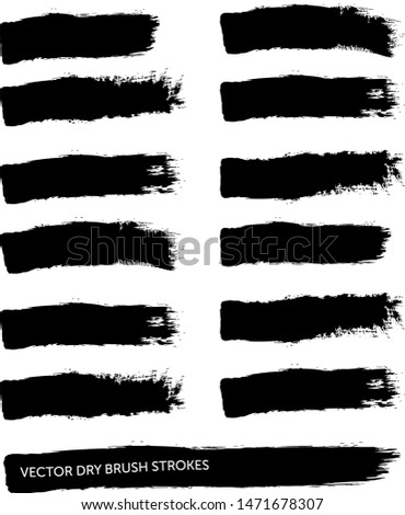 Set of black hand drawn brushes and design elements on white background. Grunge brush stroke. Artistic creative shapes. Vector illustration.