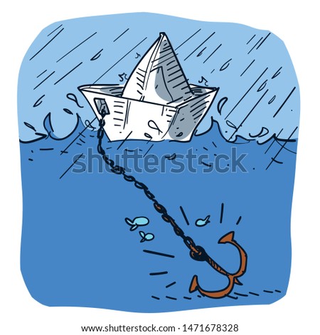 paper ship moored in a choppy and unreliable sea and stormy weather. a cartoon by representing by market conditions, marketing, risk analysis, money investment, financial risk or risk management, etc.