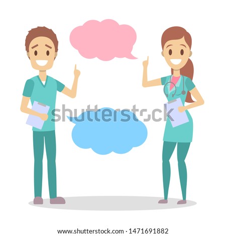 Male and female doctor talk using speech bubble. People from clinic make recommendation. Isolated flat  illustration