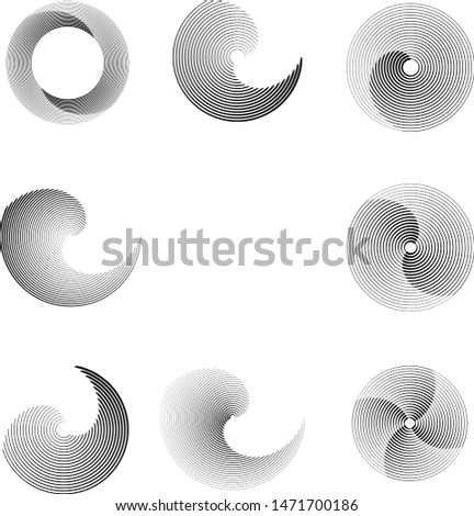 Speed Lines in Circle Form . Spiral Vector Illustration .Technology round Logo . Design element . Abstract Geometric shape . Striped border frame for image