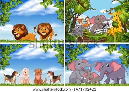 Set of various animals in nature scenes illustration