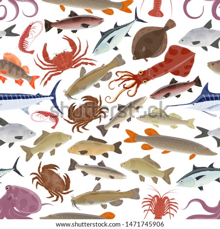 Seafood seamless pattern background with sea and ocean fish, marine animals and mollusk. Vector crab, lobster and blue marlin, salmon, octopus and shrimp, tuna, carp and perch, squid, prawn and pike