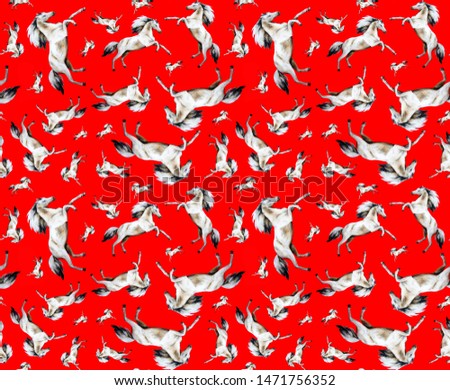 seamless pattern of jumping white horse on red background. Use as wallpaper, wrapping paper. For the design of chancellery. Print for fabric. Decorative ornament for home textile.