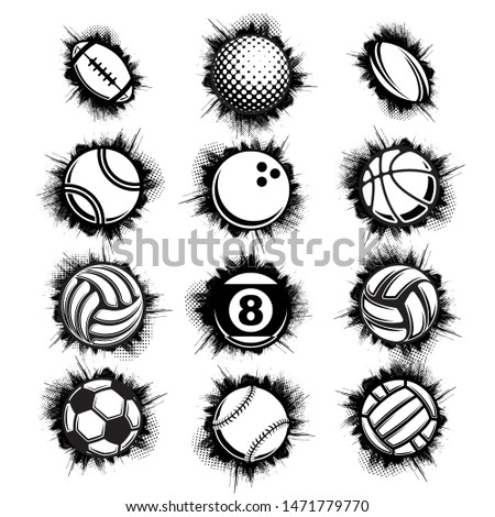 Set of different black sport balls isolated on white background