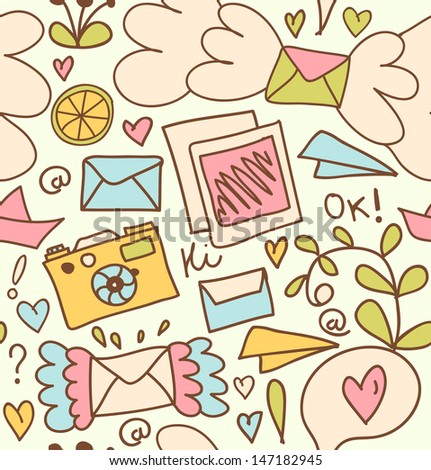 Seamless mail pattern. Cute post background with letters, camera, fruits, and other elements