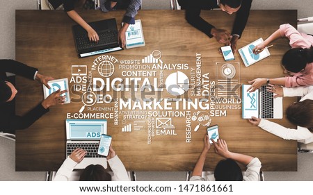 Digital Marketing Technology Solution for Online Business Concept - Graphic interface showing analytic diagram of online market promotion strategy on digital advertising platform via social media. Royalty-Free Stock Photo #1471861661