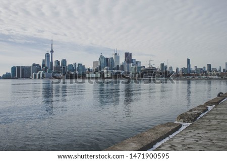 Toronto skyline from Polson Pier during winter.