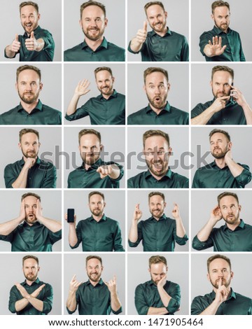 Set of handsome man with different emotions and gestures isolated over gray background