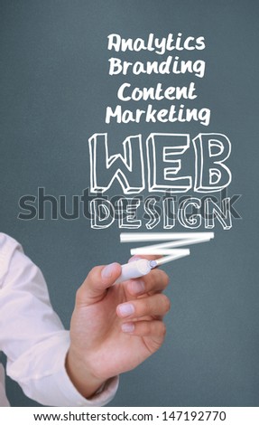 Businessman writing web design with a marker on grey background