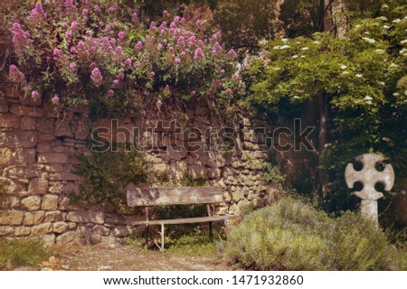 Rennes-le-Château is a small commune approximately 5 km south of Couiza, in the Aude department in Languedoc in southern France. Bench in the garden with flowers and trees. Summer.