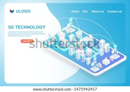 Isometric smart city and 5G technology  network on smartphone. Vector illustration in 3d design. Royalty-Free Stock Photo #1471942457