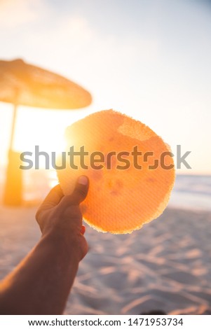 man's hand holding a traditional Egyptian snack on the beach Royalty-Free Stock Photo #1471953734