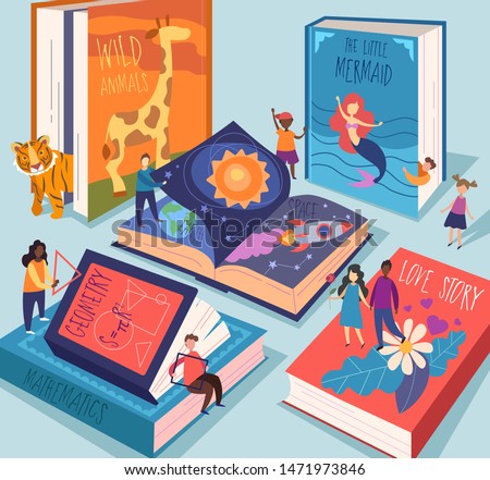 Cute tiny people reading different giant books and textbooks. Concept of book world, readers at library, literature lovers or fans. Colorful vector illustration in flat cartoon style