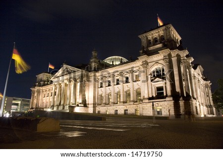Illuminated Reichstag Building in Berlin, night-time view from the South-Western corner Royalty-Free Stock Photo #14719750