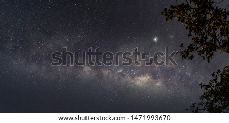 Panorama view of universe space shot of nebula and milky way galaxy with stars on blue night sky. Beautiful scene of Milky Way that contains our Solar System under amazing starry night sky. purple