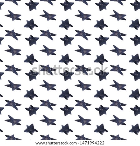 Watercolor illustration pattern minimalistic scandinavian dark black and blue stars. Hand drawn isolated on a white background.