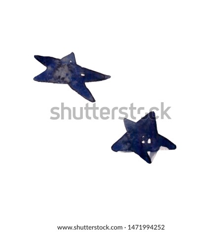 Watercolor illustration of a minimalistic scandinavian dark black and blue stars. Hand drawn isolated on a white background.