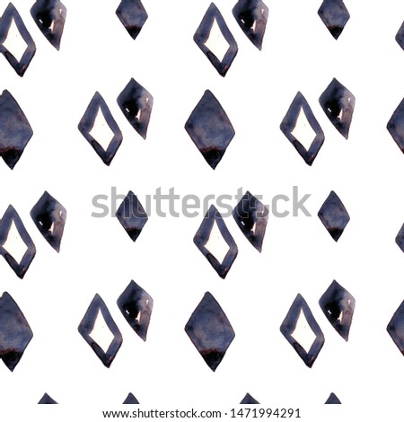 Watercolor illustration of a minimalistic scandinian dark black and blue rhombus pattern. Hand drawn isolated on a white background.