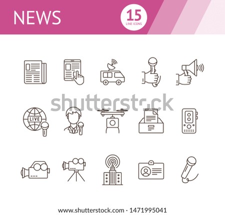 News icons. Line icons collection on white background. Newspaper, drone, broadcasting. Media concept. Vector illustration can be used for topics like communication, information, journalism