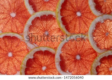 Grapefruit slices abstract background Close-up in Living Coral color of the Year 2019. Picture for wallpaper. Design concept