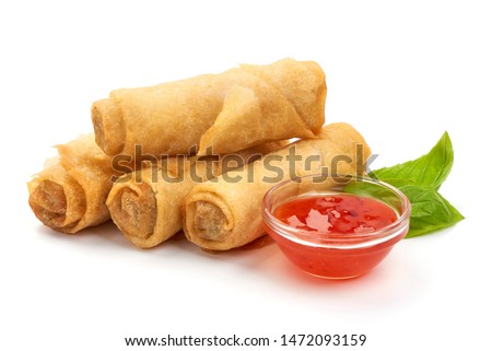 Chinese Traditional Spring rolls, isolated on white background. Royalty-Free Stock Photo #1472093159