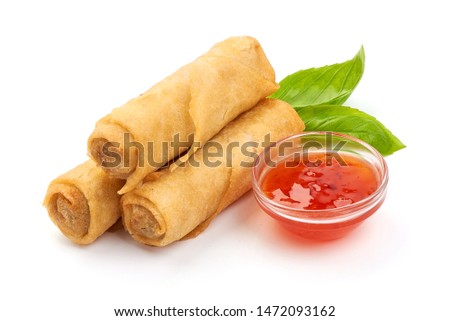 Spring rolls with sweet chili sauce, Chinese cuisine, isolated on white background. Royalty-Free Stock Photo #1472093162