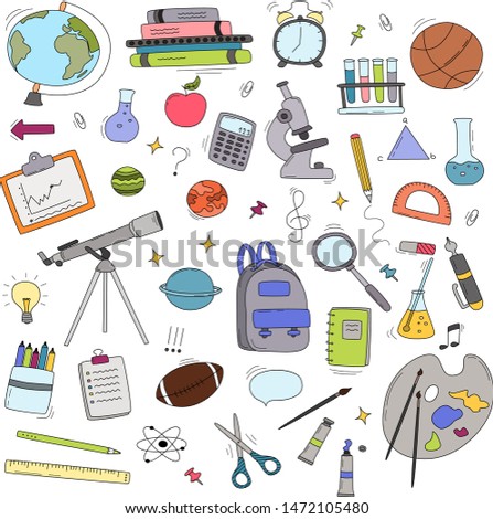 Back to School doodle set. Various school stuff - supplies for sport, art, reading, science, geography, biology, physics, mathematics, astronomy, chemistry. Vector isolated over white background.