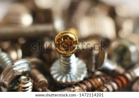 Screw made of iron and brass in the shape of a round rod extends with the thread from end to top called a round head that is larger than the size of the threaded rod
