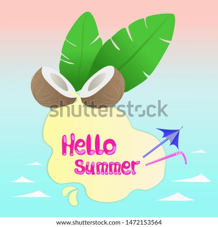 Coconut cocktail "Hello summer". Poster with  appetizing coconut cocktail and beach scene. Exotic Drink.