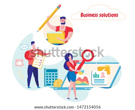 Team Statisticians Conducting Financial Audit. Business Solutions. Study Graphics Diagrams. General Report. Teamwork. Vector illustration. Graph and Chart on Screen Laptop. Analysis and Statistics.
