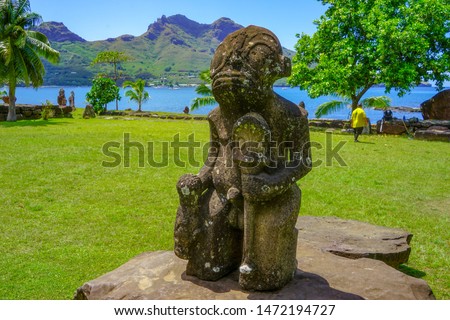 French Polynesia, Marquesas, Nuku Hiva island, Tiki statue on ritual places Royalty-Free Stock Photo #1472194727