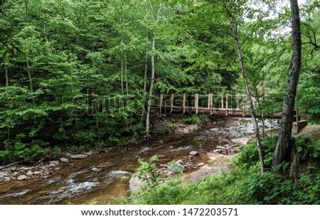 Wooden bridge over a rushing river in the wilderness with lush green forest surrounding it. Porcupine Mountains, Upper Peninsula Michigan, United States.