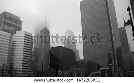 Gloomy foggy downtown of Minneapolis right after a rain storm