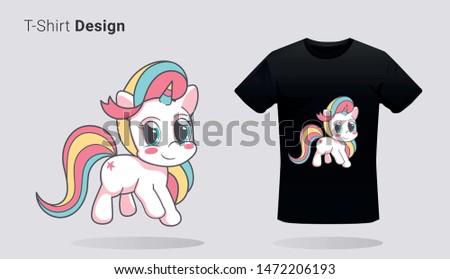 Funny little unicorn. Print on T-shirts, sweatshirts, cases for mobile phones, souvenirs. Vector illustration