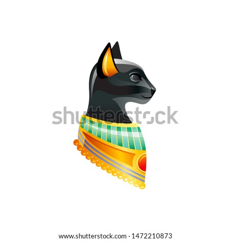Egyptian cat. Bastet goddess. Black cat Bast deity with golden necklace statuette from ancient Egypt art. Cartoon 3d realistic icon for logo. Old style vector illustration isolated on white background