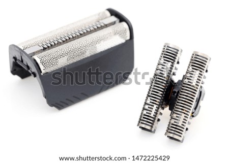 Blade cutter head and shaver replacement foil for electric razor on white background