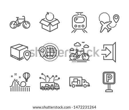 Set of Transportation icons, such as Parking, Roller coaster, Parcel tracking, Airplane, Bike rental, World travel, Return package, Truck delivery, Exit, Truck transport, Train, Bicycle. Vector