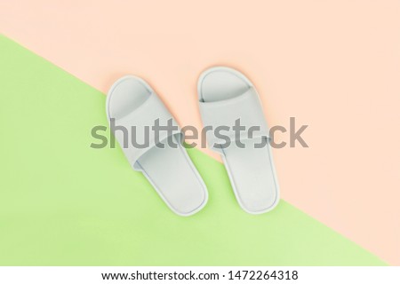 Women's beach slippers on a color background. Contemporary art