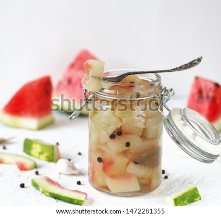 Pickled Watermelon Rind. marinated  watermelon. recipes from watermelon. concept of nutrition without waste. conservation and stocks for the winter. american kitchen