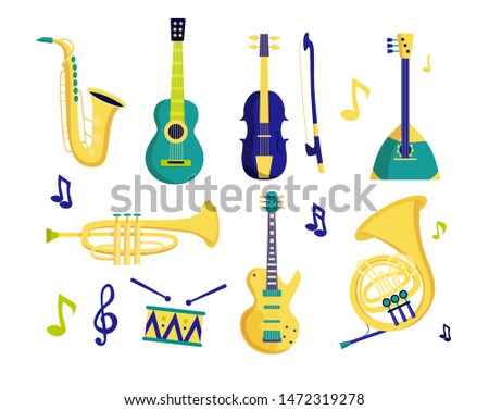 Musical instruments vector set. Saxophone, electric guitar, trumpet, drum, balalaika, french horn, guitar, violin isolated on white background. Wind and string instruments. Flat style design.