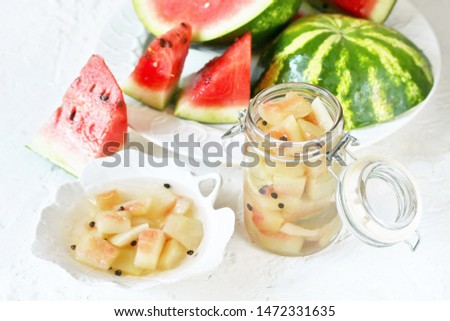 Pickled Watermelon Rind. marinated  watermelon. recipes from watermelon. concept of nutrition without waste. conservation and stocks for the winter. american kitchen