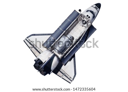 The space shuttle, with the satellite onboard, isolated on a white background. Elements of this image were furnished by NASA Royalty-Free Stock Photo #1472335604