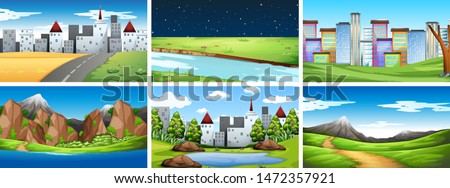 Set of empty blank scenes day and night in nature illustration