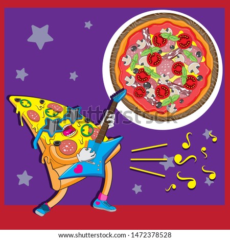 Pizza character on isolated guitar food Star background notes. Packaging wrapper, the banner of the web textiles. Vector image. eps 10