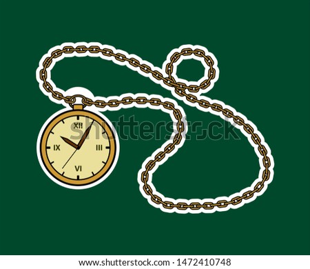 Vector Round Watch On A Chain. Gold Vintage Watch Sticker. Antique Watch With Roman Numerals And A chain.