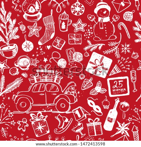Seamless Christmas pattern of white details with a line on a red background. Doodle sketch for fabric, wrapping paper, design. Stock vector.