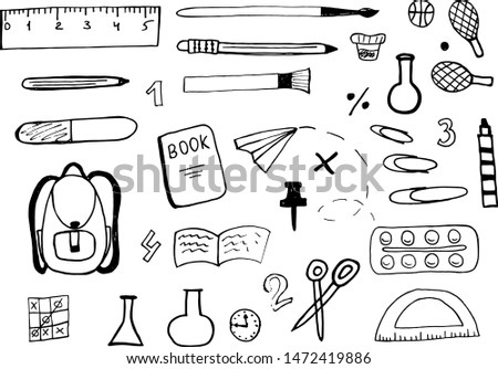 Hand draw set of school items on white background. Education concept back to school. Elements for design, pattern, cover for book, notebook, print,.Vector illustration.