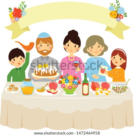 Happy family celebrating Rosh Hashanah or the Jewish New Year in a traditional dinner with the holiday symbols.