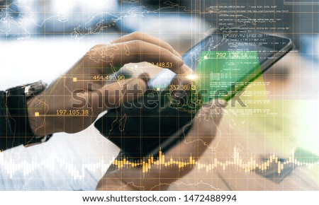 Close up of hands using cellphone at workplace with abstract programming interface. Artificial intelligence and data concept. Multiexposure 